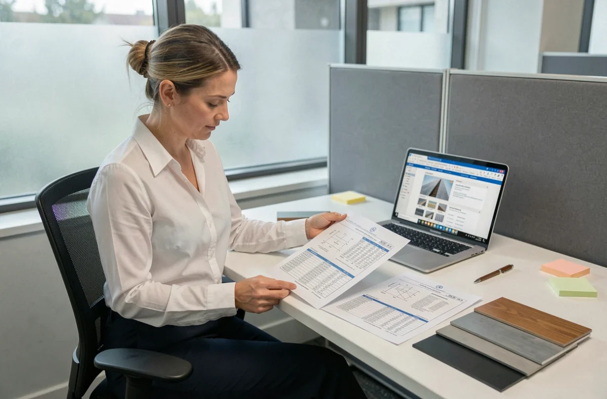 Acheteuse comparant des fiches techniques de plaque en acier dans un bureau professionnel