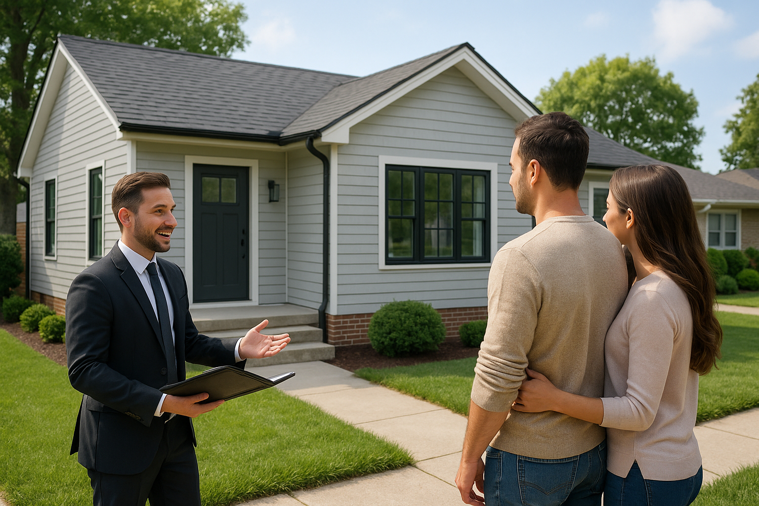 Agent immobilier montrant une maison renovée à un couple dans un quartier résidentiel