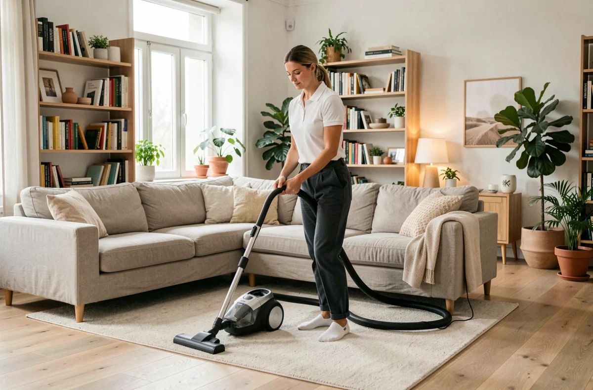 Aide ménagère passant l'aspirateur dans un salon décoré dans un style scandinave