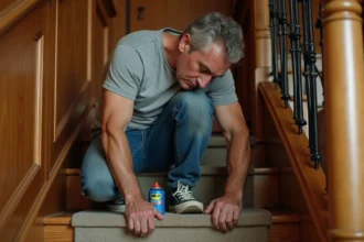 Homme appliquant du WD-40 sur une marche d'escalier en bois qui grince à l'intérieur d'une maison