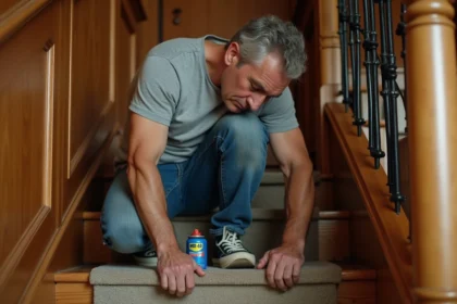 Homme appliquant du WD-40 sur une marche d'escalier en bois qui grince à l'intérieur d'une maison