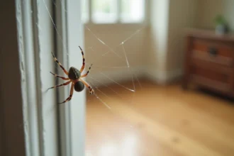 Araignée maison installée dans un coin de fenêtre avec toile fine visible dans un appartement français