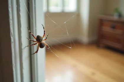 Araignée maison installée dans un coin de fenêtre avec toile fine visible dans un appartement français
