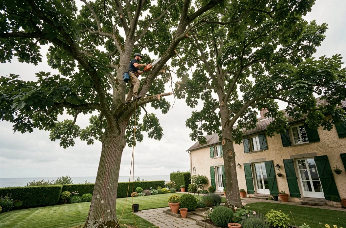 Arboriste en hauteur dans un chêne lors d'un élagage dans un jardin résidentiel au Pays Basque