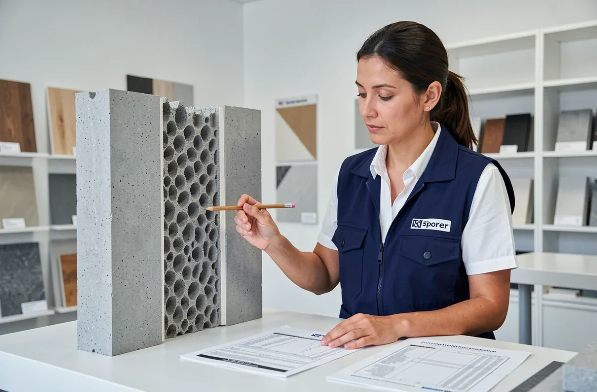 Architecte analysant une coupe transversale de bloc Siporex et un devis de prix au m2 pour isolation