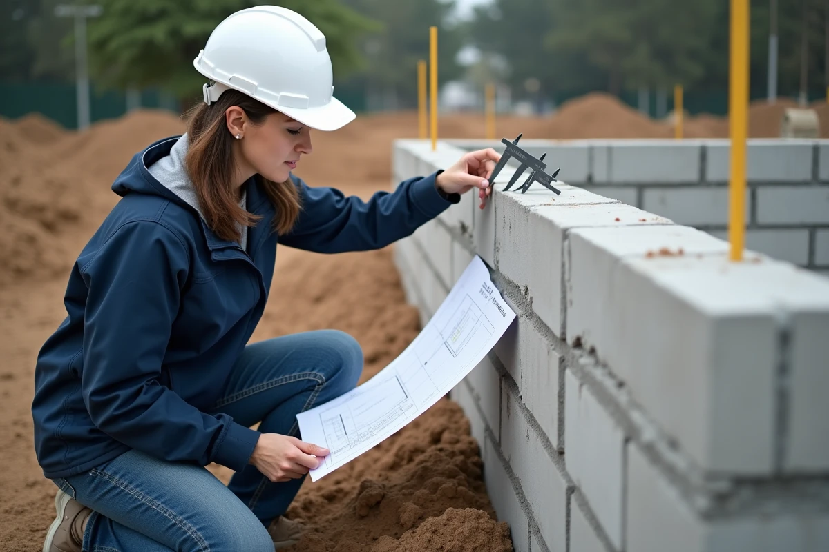 Architecte féminine analysant les dimensions de parpaings posés sur un chantier résidentiel avec un plan technique et un pied à coulisse