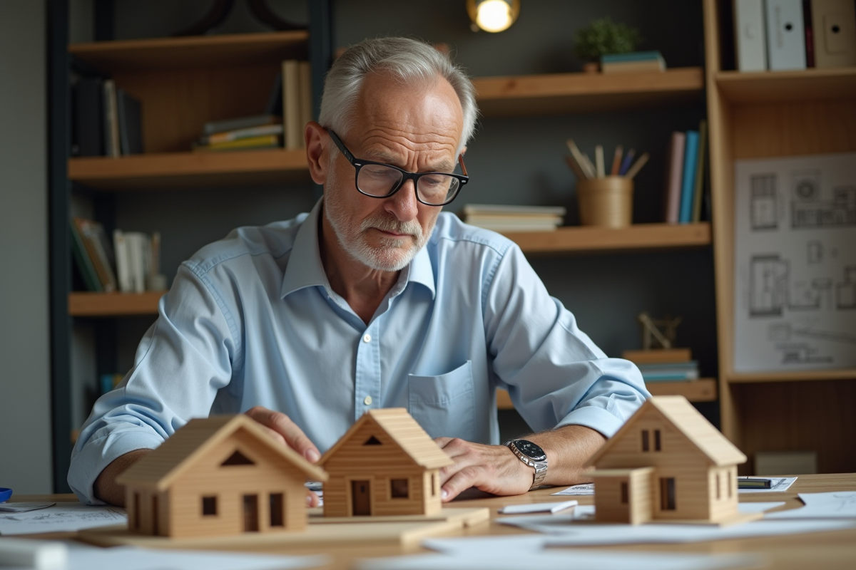Architecte âgé travaille sur maquettes de maisons dans son bureau