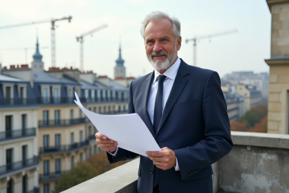 Architecte en costume sur un toit parisien avec paysage urbain