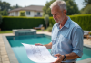 Architecte paysagiste regardant plans de piscine dans un jardin moderne