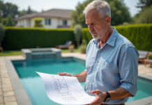Architecte paysagiste regardant plans de piscine dans un jardin moderne