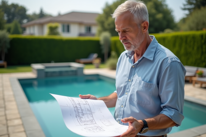 Architecte paysagiste regardant plans de piscine dans un jardin moderne