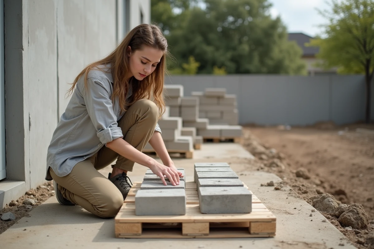 Jeune architecte comparant des blocs de béton sur un site