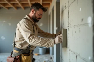 Artisan enduisant un mur en parpaing intérieur avec une taloche dans une pièce en cours de rénovation