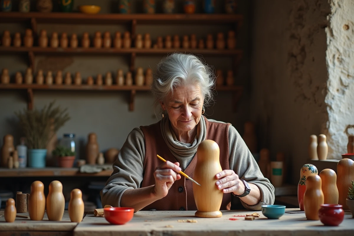 Artisane russe peignant à la main une poupée matriochka en bois dans un atelier traditionnel