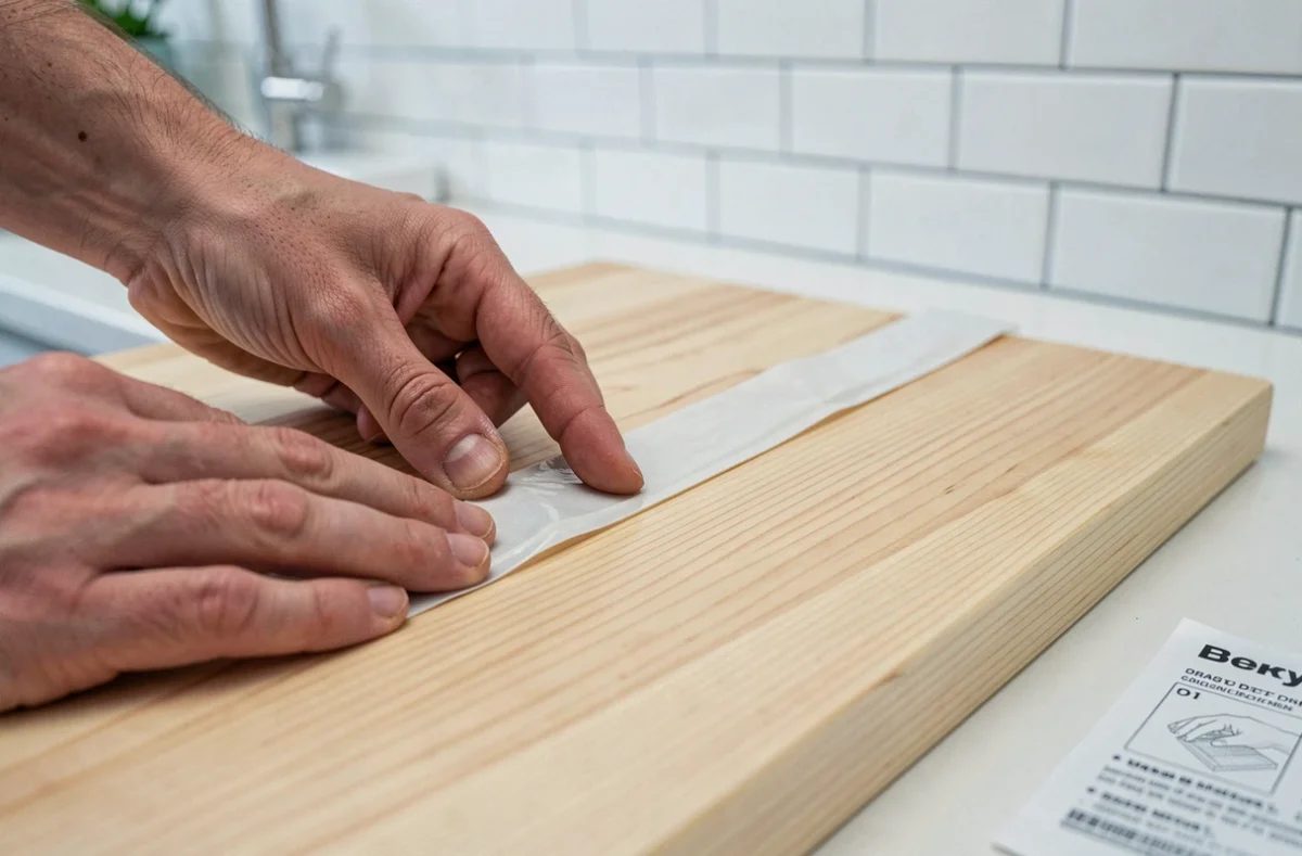 Gros plan sur des mains appliquant une bande adhésive de montage sur le dos d'une planche en pin avant fixation murale sans perçage