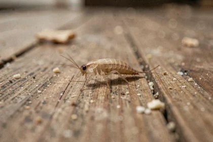 Bébé cafard nymphe translucide en gros plan sur un plancher de cuisine en bois usé, révélant une possible infestation proche