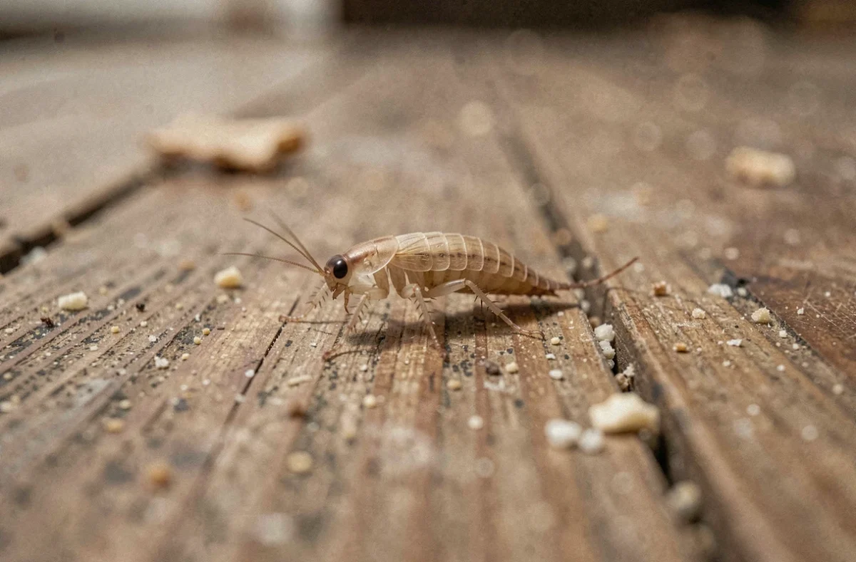 Bébé cafard nymphe translucide en gros plan sur un plancher de cuisine en bois usé, révélant une possible infestation proche