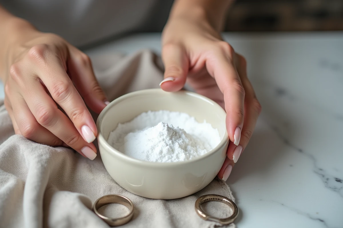 Mains préparant une pâte de bicarbonate de soude pour nettoyer une bague en argent ternie