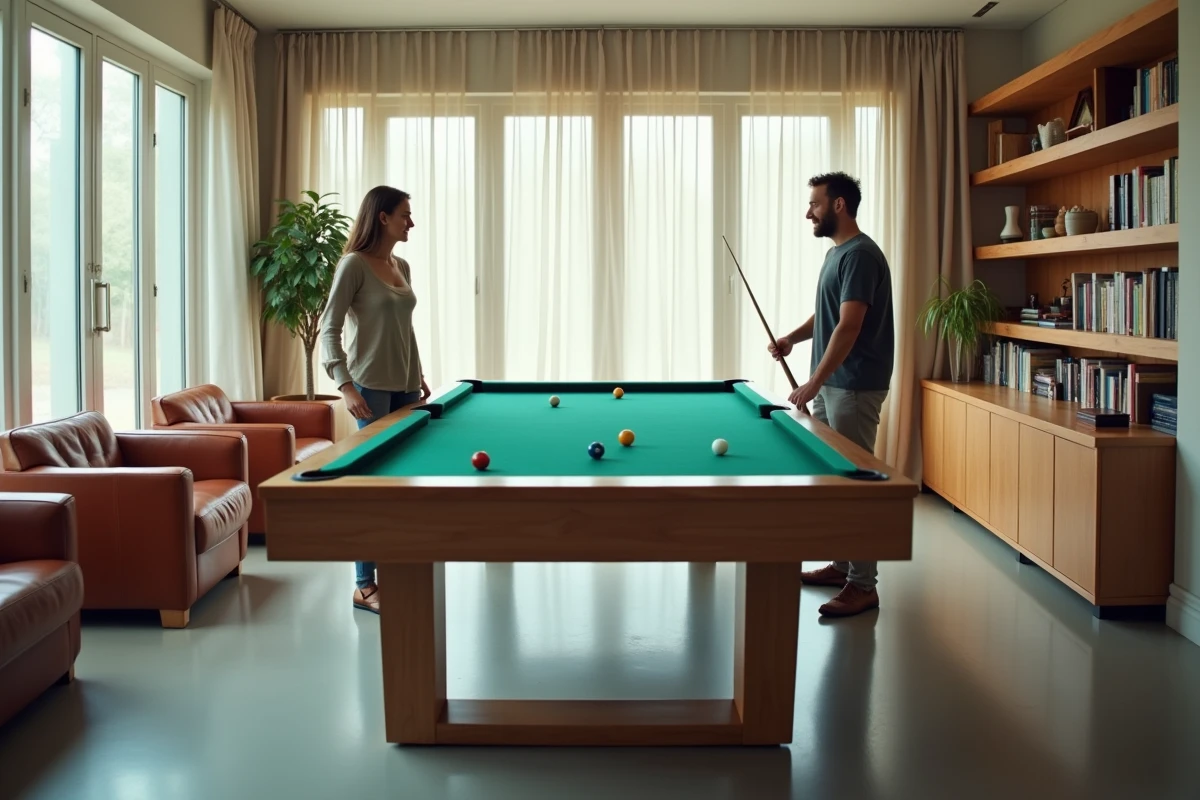 Couple jouant au billard américain grand format dans un salon moderne et spacieux aménagé avec goût