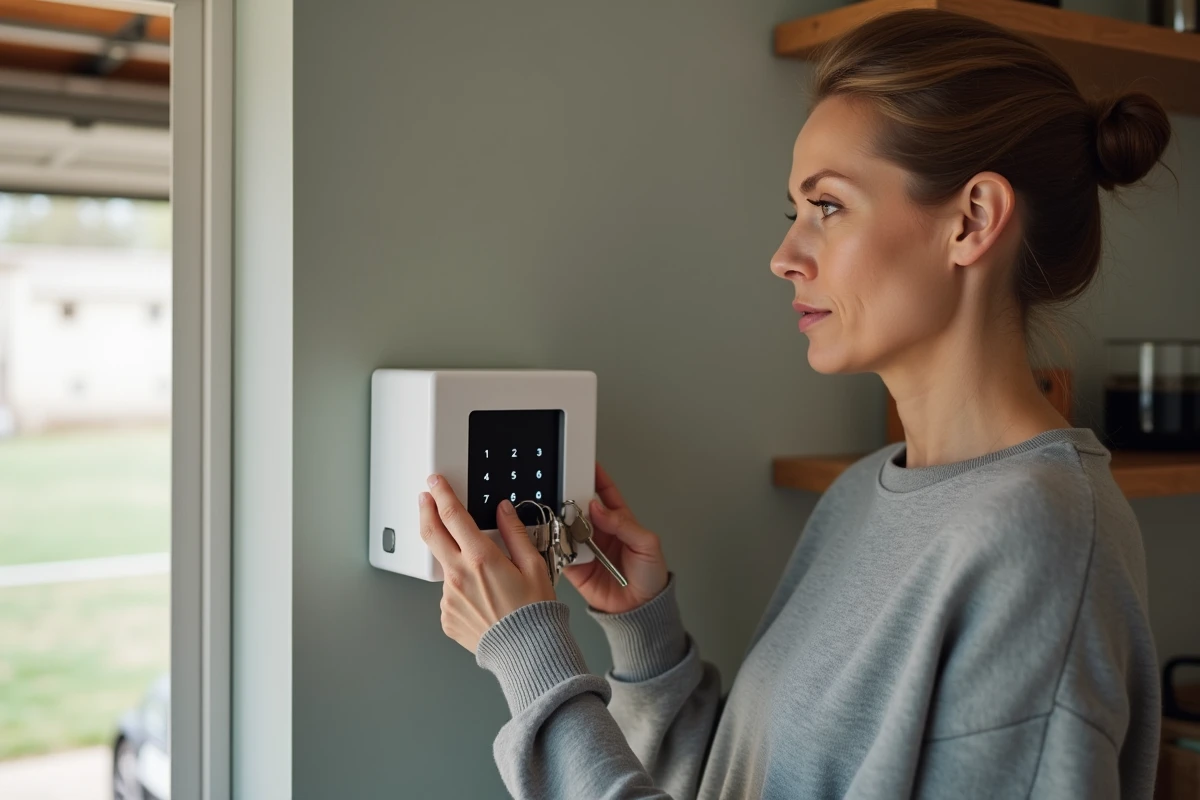 Femme récupérant des clés dans une boîte à clés murale avec code installée dans un garage domestique