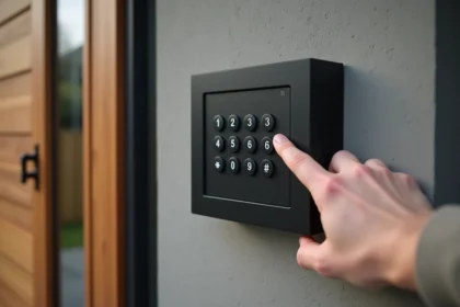 Boîte à clés murale avec code installée à côté d'une porte d'entrée moderne sur mur en béton