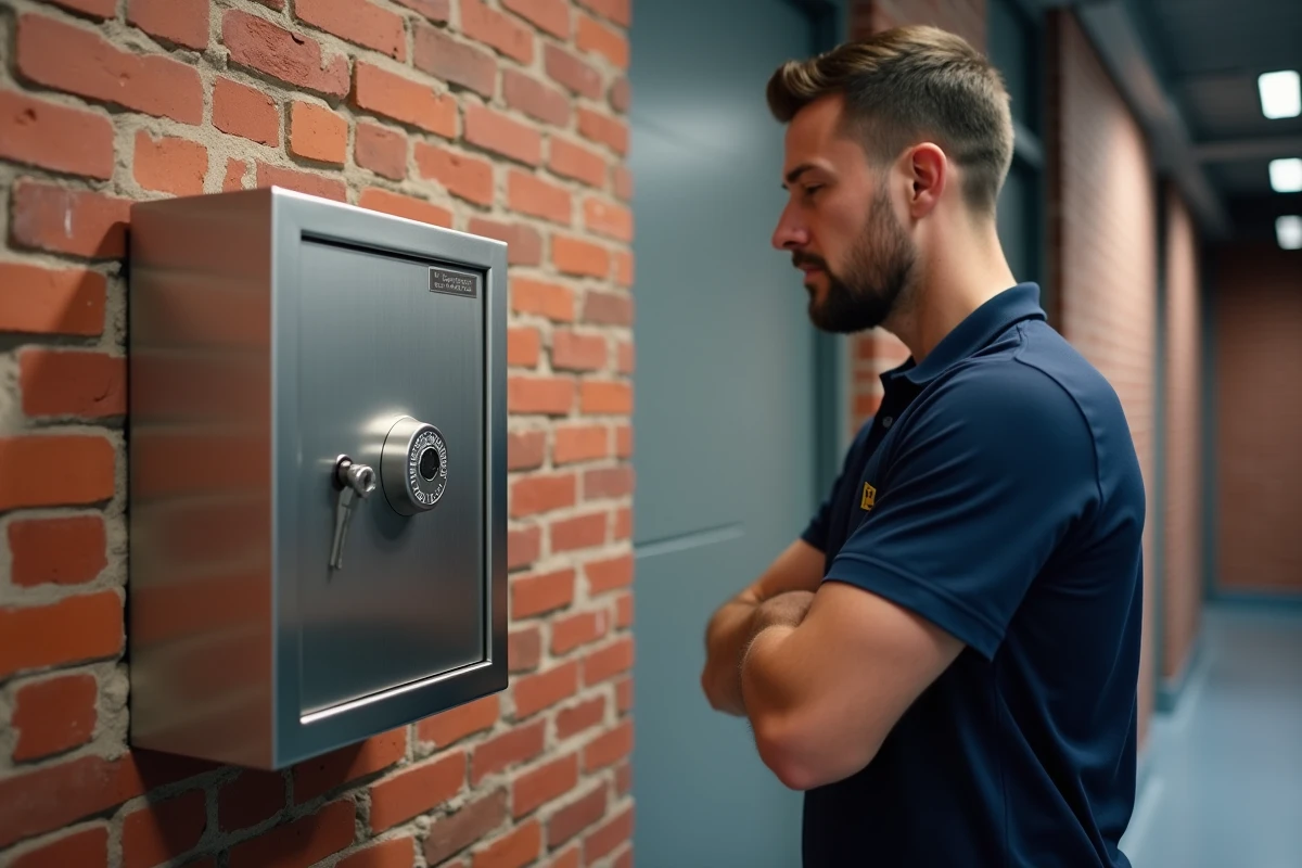 Boîte à clés sécurisée avec cadran à code fixée sur mur en brique dans un couloir professionnel