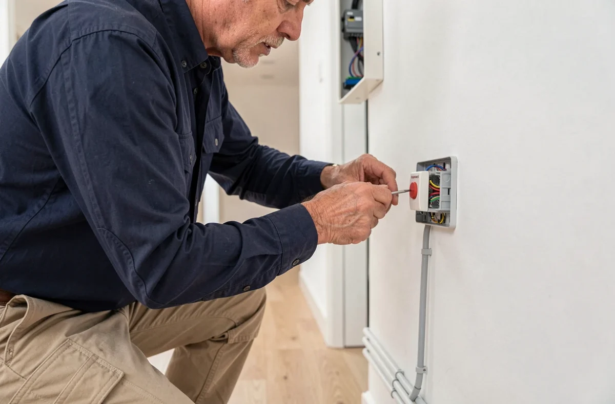 Électricien connectant un bouton poussoir Legrand sur un circuit existant dans un couloir d'appartement moderne