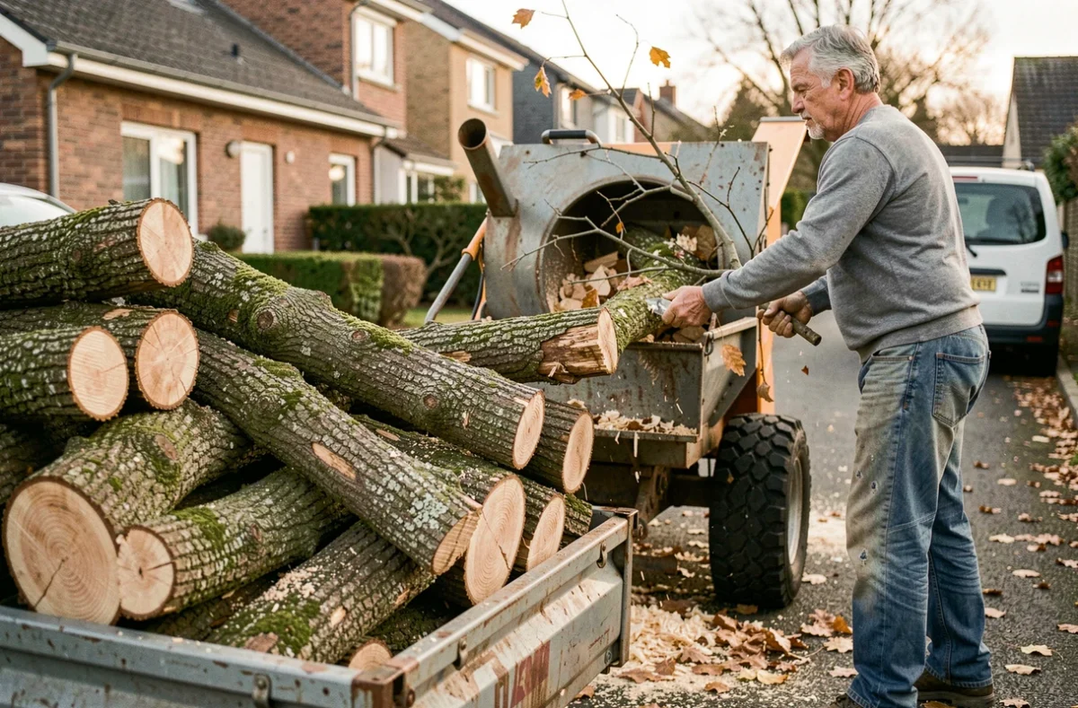 Branches élagées et broyeur de végétaux dans une allée lors d'un chantier d'élagage à Anglet