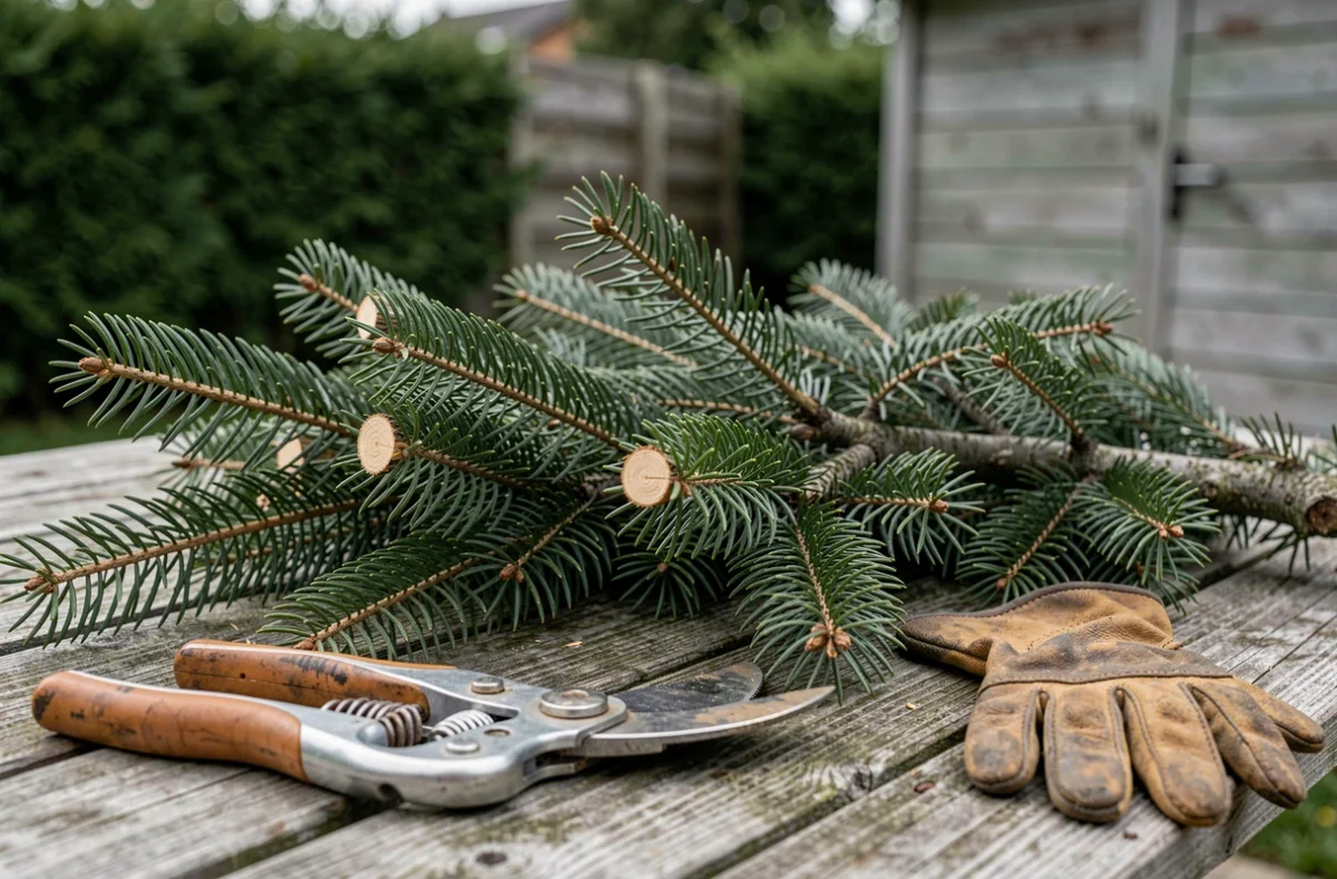 Gros plan sur des branches de sapin fraîchement taillées posées sur une table en bois avec des outils d'élagage