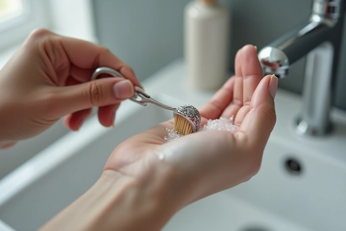 Utilisation d'une brosse souple pour nettoyer les recoins et gravures d'une bague en argent