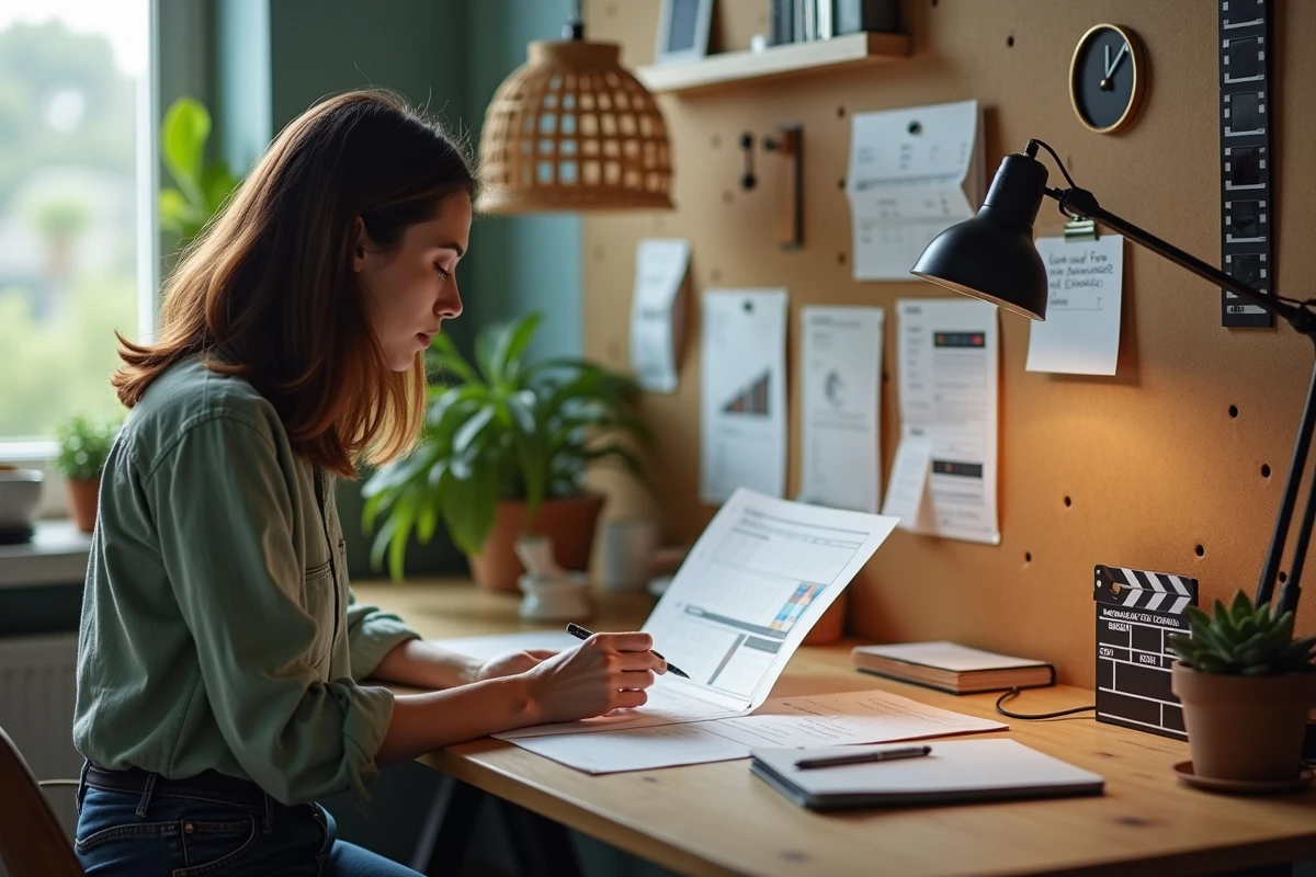 Femme dans un bureau créatif à thème cinéma, avec storyboards, bobines de film décoratives et organisation quotidienne sur un bureau en bois brut