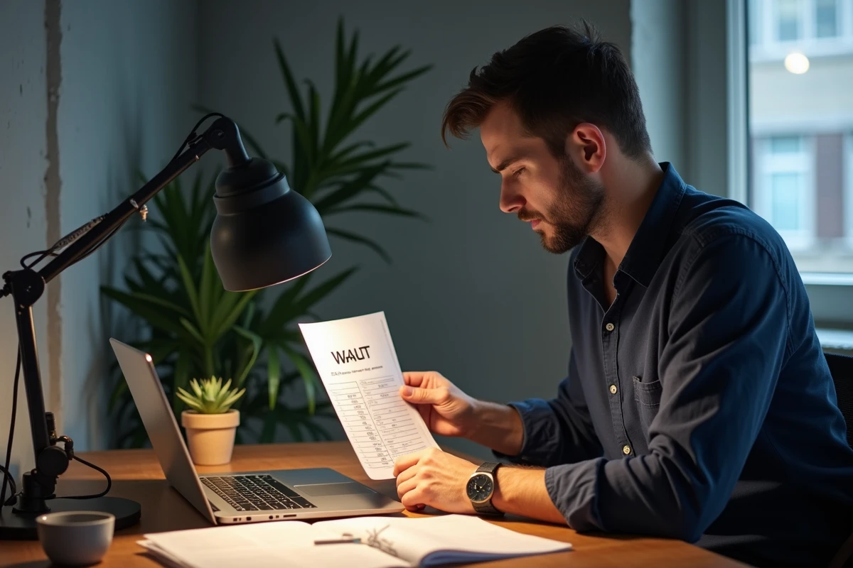 Homme au bureau à domicile consultant un tableau d'équivalence lumens watts pour optimiser l'éclairage de son espace de travail