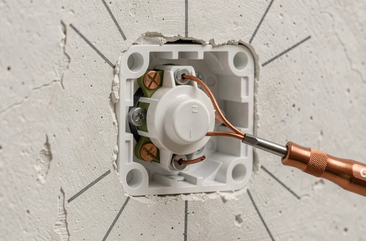 Gros plan sur le câblage d'un bouton poussoir Legrand Mosaic connecté à un circuit électrique existant en encastré