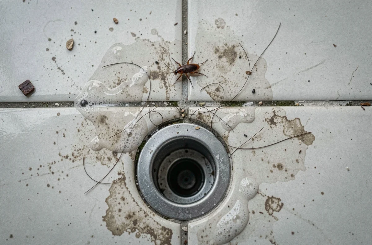 Nymphe de cafard vue de dessus sur le carrelage d'une salle de bain près d'un siphon, indiquant un environnement propice à un nid
