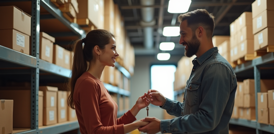 Louer une cave : comment procéder efficacement et légalement ? Cave à rangement organisée avec clés et personnes souriantes