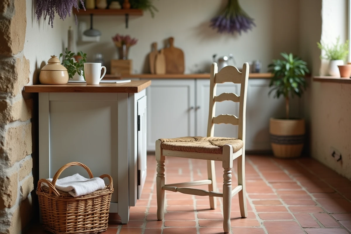 Chaise paillée restaurée avec peinture écologique dans un intérieur de cuisine de style campagne française
