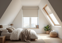 Chambre attic moderne avec Velux GGL SK06 et voilage