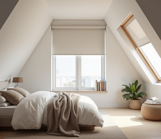 Comparatif des meilleurs stores Velux GGL SK06 occultants Chambre attic moderne avec Velux GGL SK06 et voilage