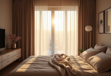 Chambre moderne en journée avec lumière douce filtrant