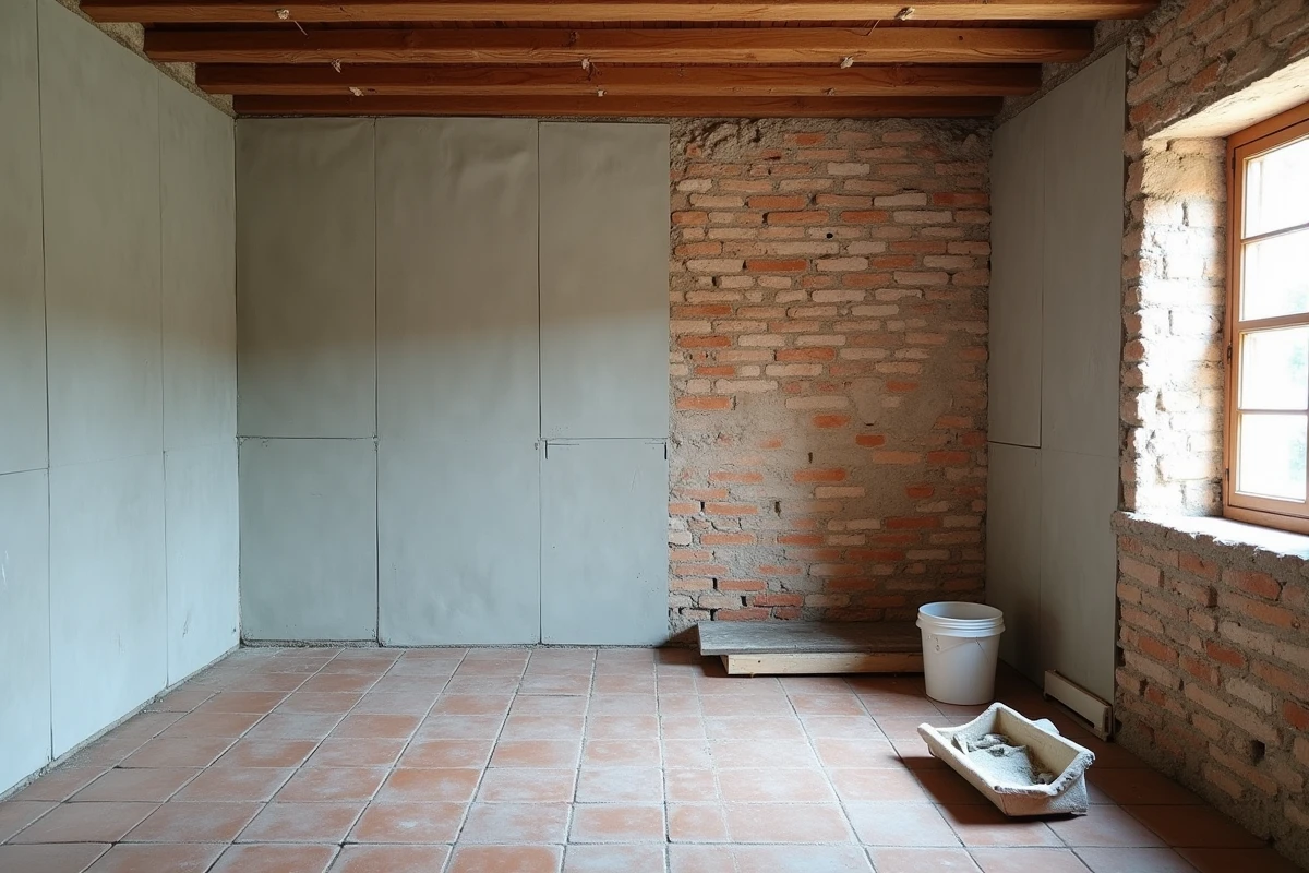 Vue d'ensemble d'une pièce de maison ancienne en rénovation avec plaques d'isolation thermique posées sur un mur et mur en pierre brut en face