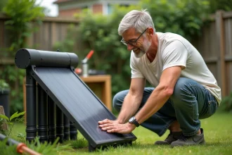Homme inspectant un chauffe-eau solaire artisanal dans le jardin