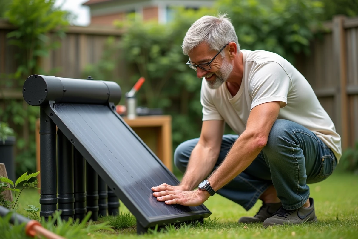 Homme inspectant un chauffe-eau solaire artisanal dans le jardin