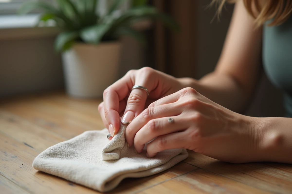 Mains polissant une bague en argent avec un chiffon doux spécial entretien bijoux