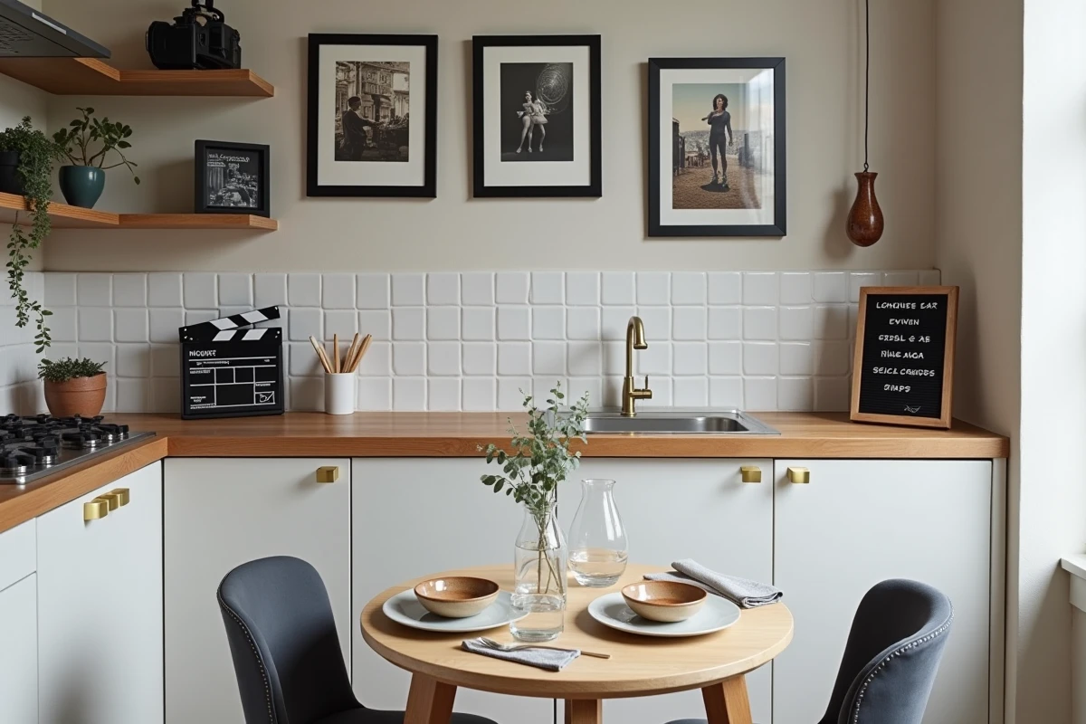 Coin repas dans un appartement urbain avec galerie de lobby cards de cinéma vintage, clapperboard décoratif et table dressée pour un repas quotidien