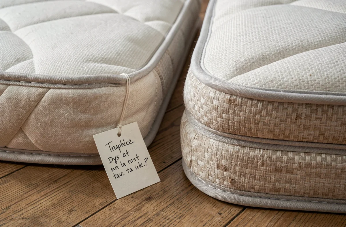 Comparaison de deux futons matelas pliables de qualité différente côte à côte sur un plancher en bois