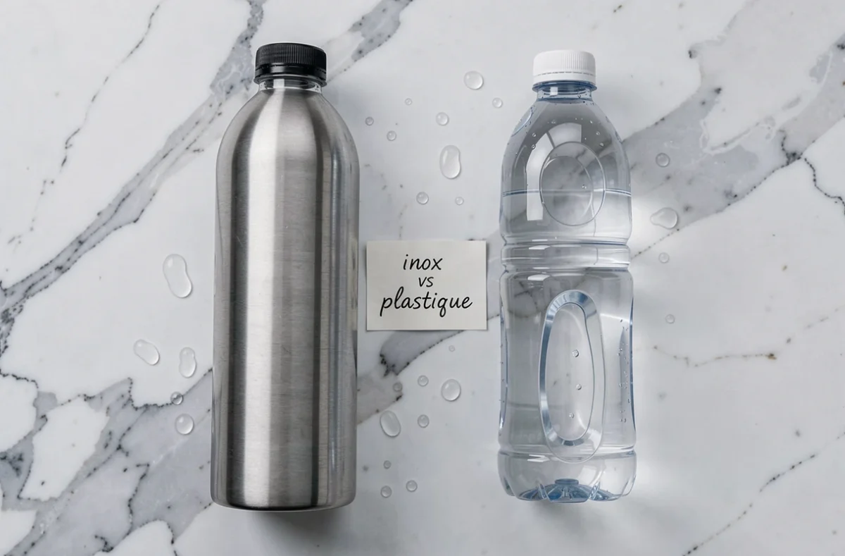 Comparaison côte à côte d'une gourde inox et d'une gourde plastique sur un plan de travail en marbre