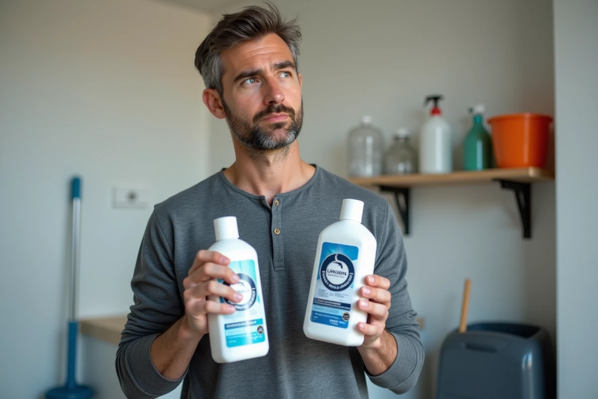 Homme comparant une bouteille de lessive classique et un produit spécifique pour shampouineuse dans une buanderie