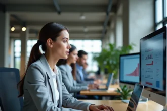 Femme professionnelle comparant des logiciels de gestion sur deux écrans dans un bureau moderne en 2026