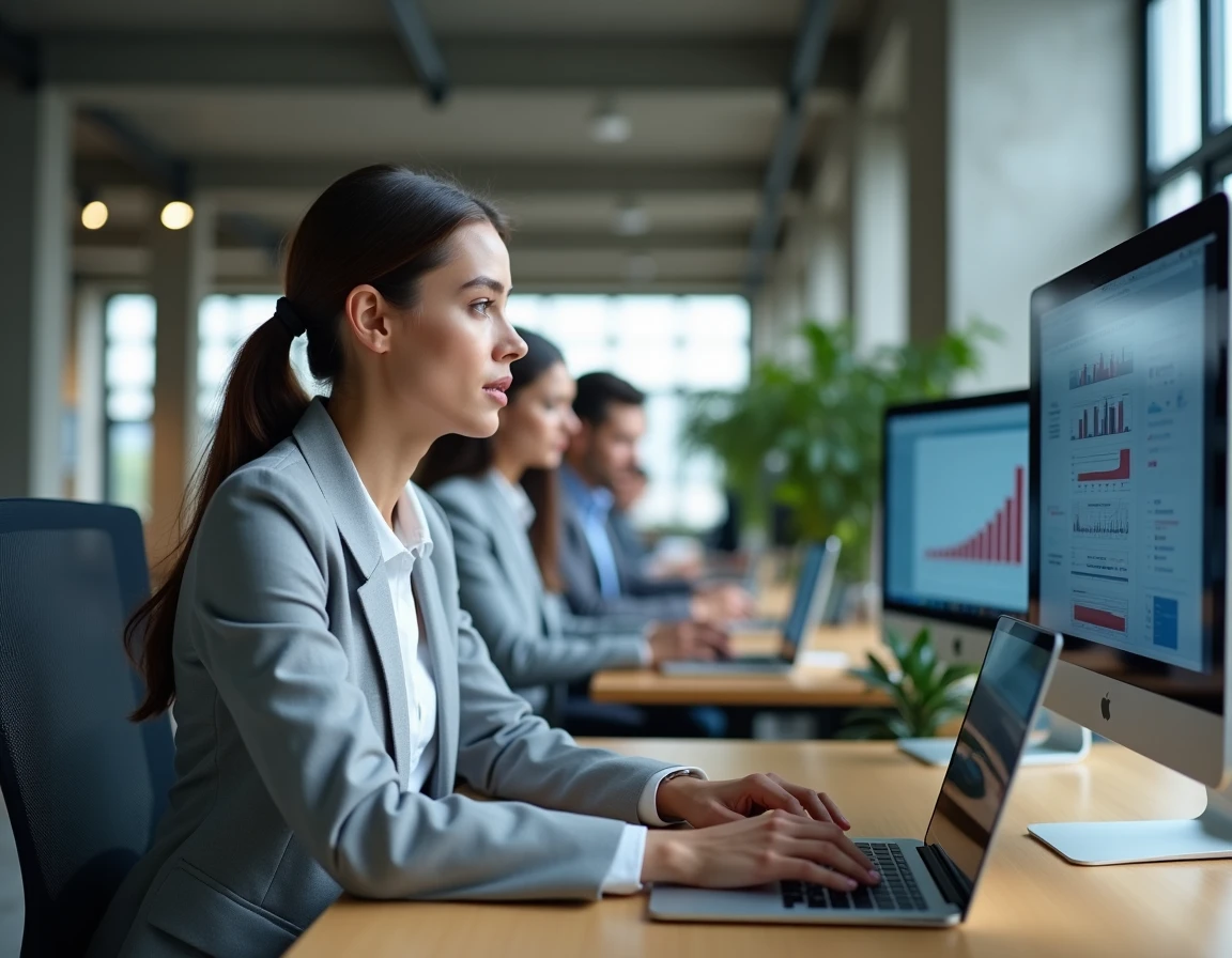 Femme professionnelle comparant des logiciels de gestion sur deux écrans dans un bureau moderne en 2026