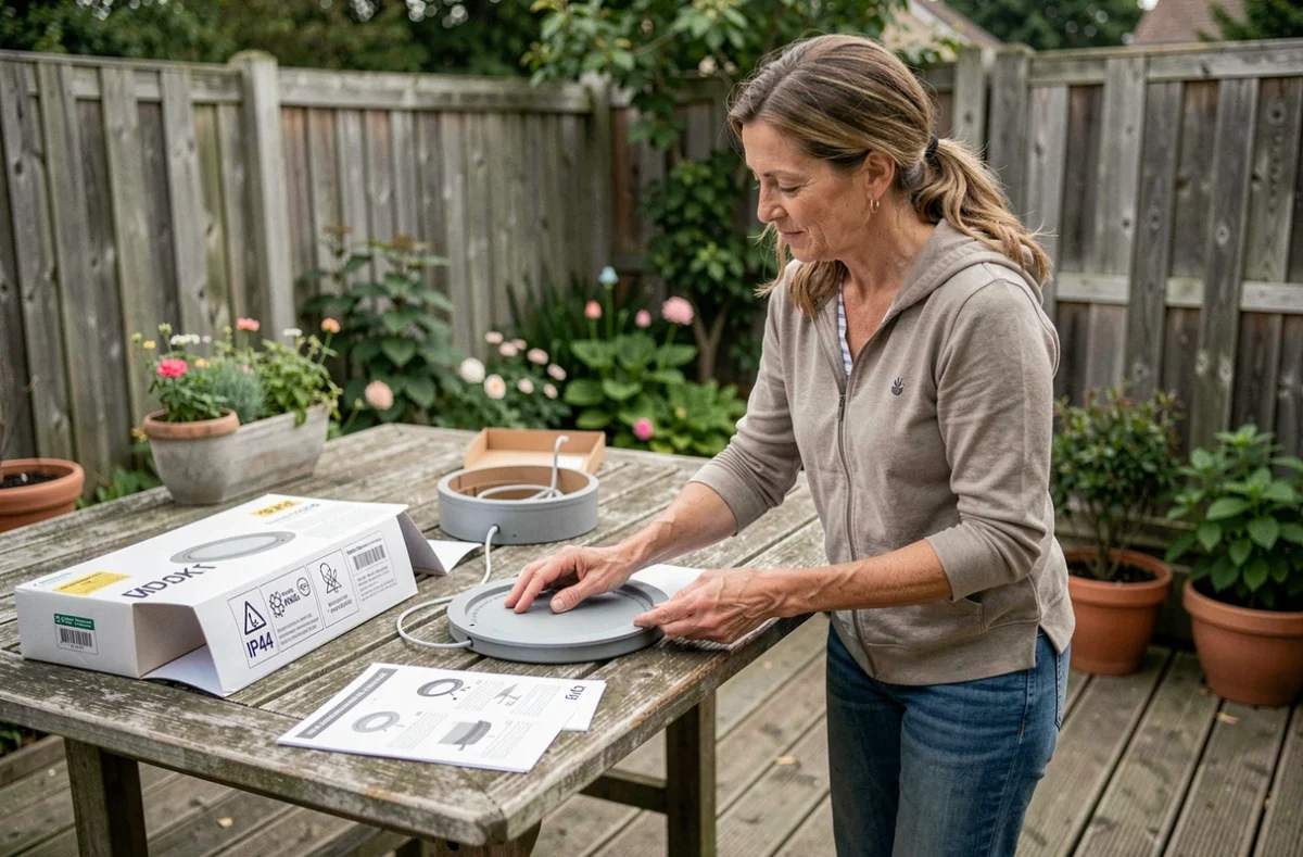 Femme comparant deux luminaires extérieurs dont un certifié IP44 sur une terrasse en bois avec documentation technique